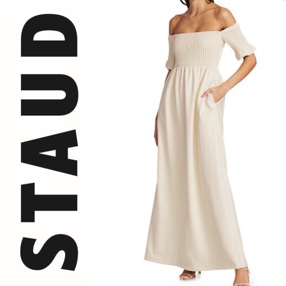 STAUD Dresses & Skirts - NEW STAUD
Mae Smocked Off-The-Shoulder Vegan Leather Maxi Dress